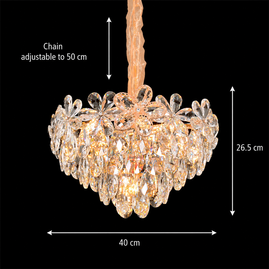 Candelabru Cristal, Eleganza 7xE14, Diametru 40cm, Auriu Lucios, Inaltime Reglabila, Metal si Cristal