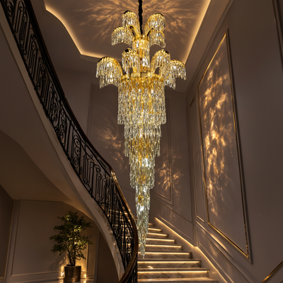 Candelabru Cristal PALACE Regalis, 13 brate, 29xG9, D80cm, Auriu Lucios, Inaltime Reglabila, Metal si Cristal