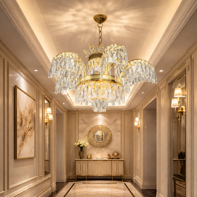 Candelabru Cristal PALACE, 6 brate, 12xG9, D69cm, Auriu Lucios, Inaltime Reglabila, Metal si Cristal