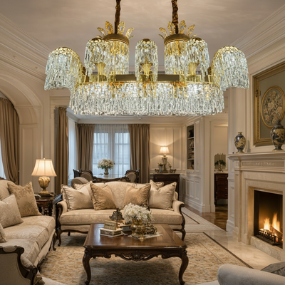 Candelabru Cristal PALACE Grande, 12 brate, 20xG9, 120cm, Auriu Lucios, Inaltime Reglabila, Metal si Cristal