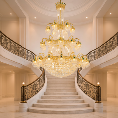 Candelabru Cristal , 61xE14, Diametru 150cm, Inaltime 200cm, Auriu Lucios, Inaltime Reglabila, Design Elegant