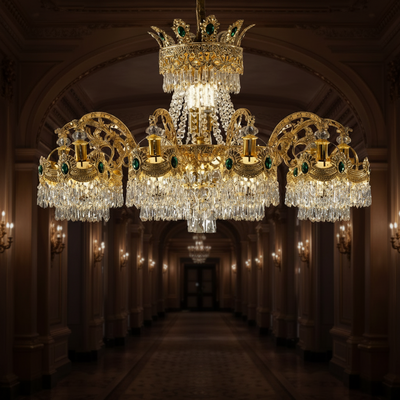 Candelabru Cristal 16xE14, D92cm, Auriu Lucios, Inaltime Reglabila, Metal si Cristal