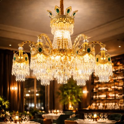 Candelabru Cristal 10xE14, D75cm, Auriu Lucios, Inaltime Reglabila, Metal si Cristal