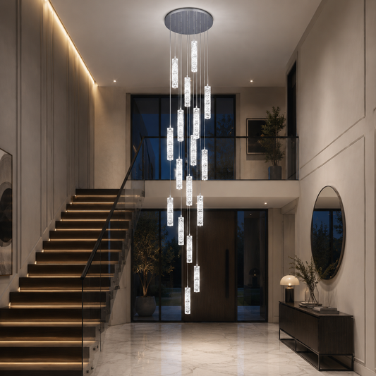 Candelabru Cristal LED AMIRI 82W Crom, Lumina Calda/Neutra/Rece 3000K/4000K/6000K Amiri, Diametru 40cm x Inaltime 300cm, Cristal si Metal