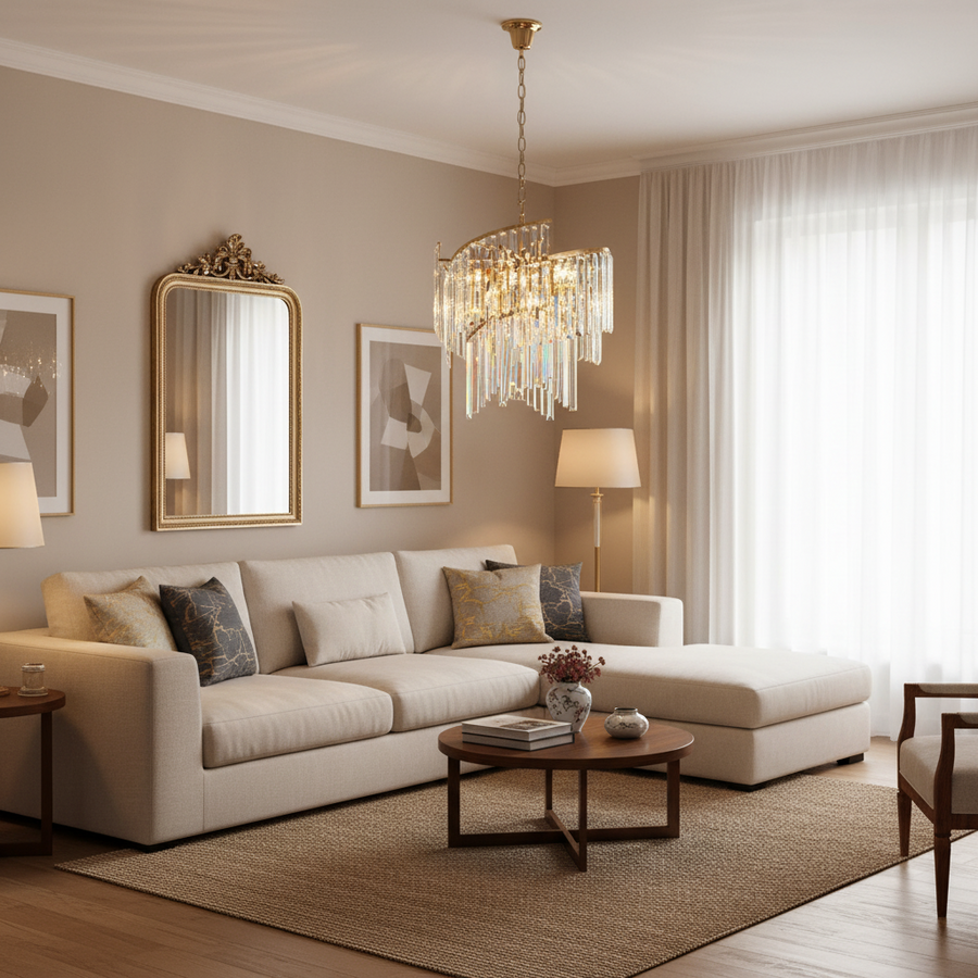 Candelabru Cristal TWEEZE Eleganza, Φ50cm, 9xE14, Auriu, Metal si Cristal