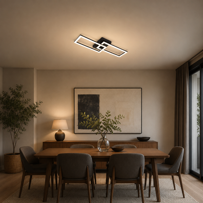Lustra LED cu telecomanda BANDO 38W, 2 Drepunghiuri, Lumina Rece/Calda/Neutra, Dimabila, Negru, Metal si Acril