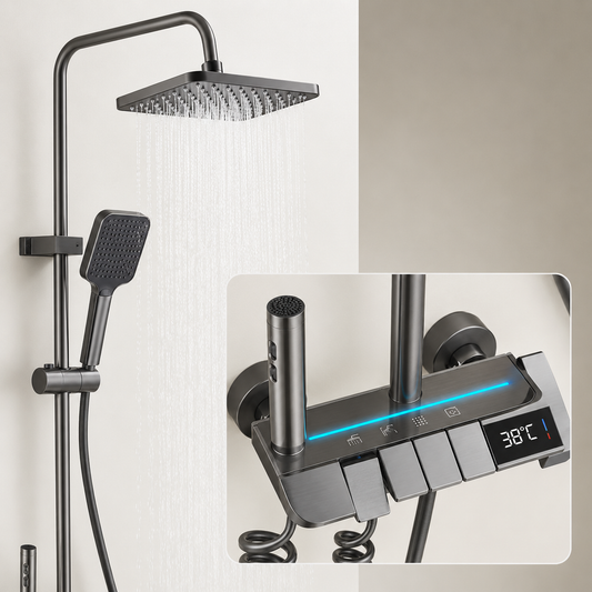 Coloana de dus MELLON, Metal, Para Patrata, Efect Ploaie, 3 Functii, Montare Pe Perete, Negru, Accesorii Incluse