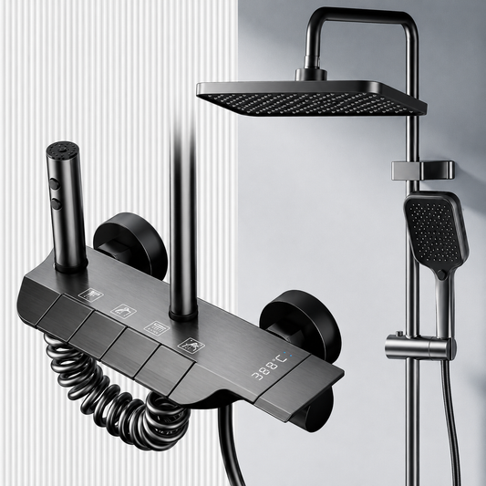 Coloana de dus ATID, Metal, Para Patrata, Efect Ploaie, 3 Functii, Montare Pe Perete, Negru, Accesorii Incluse