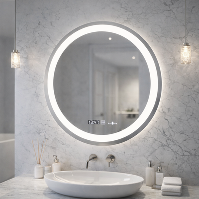 Oglinda LED Rotunda, 60cm, Celeste MotionGlow Marcello, Sistem Dezaburire, Ceas & Termometru, Dimabila, Lumina Calda Neutra Rece 3000K/4000K/6000K