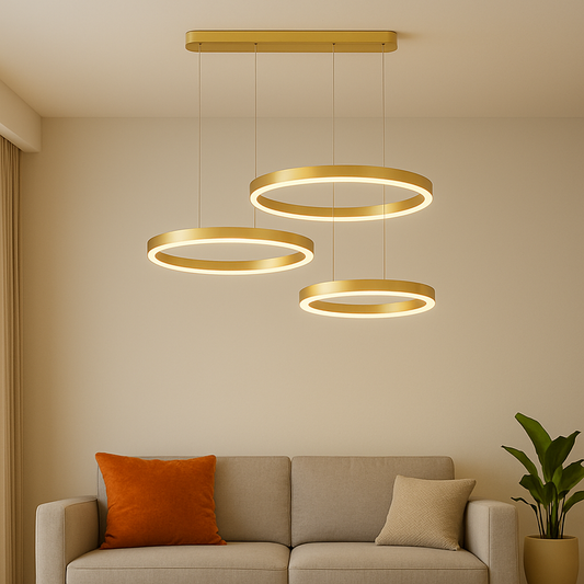 Lustra LED suspendata cu telecomanda PERU 150W, 3 Cercuri, lumina Rece/Calda/Neutra, Dimabila, Auriu Lucios, Inaltime Reglabila Lustre Moderne Default Title Alessandro Design