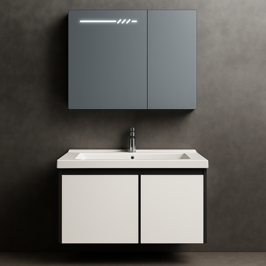 Set Dulap Baie cu Oglinda LED si Dulap Lavoar Suspendat, 60x70 cm, Alb-Negru, Design Modern Minimalist Default Title Alessandro Design