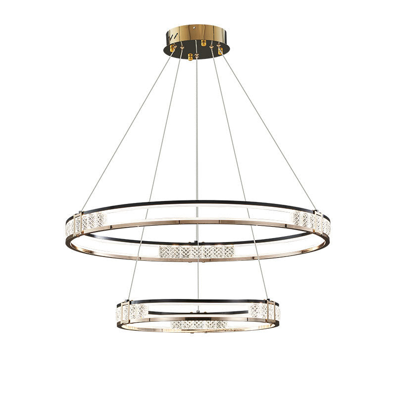 Lustra LED suspendata cu telecomanda si cristal ROGER 100W, 2 Cercuri, lumina Rece/Calda/Neutra, Dimabila, Auriu Lucios, Inaltime Reglabila Lustre LED Cristal Default Title Alessandro Design