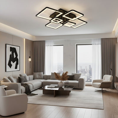 Lustra LED cu telecomanda ELLA 120W, 6 Patrate, lumina Rece/Calda/Neutra, Dimabila, Negru, Metal si Acril