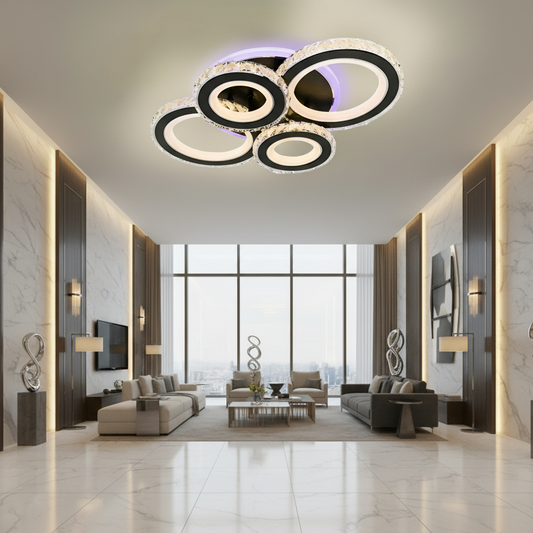 Lustra LED cu telecomanda si cristal NOVA ROTONDA RGB 82W, 4 Cercuri, lumina Rece/Calda/Neutra, Dimabila, Negru Lustre LED cu Telecomanda Default Title Alessandro Design
