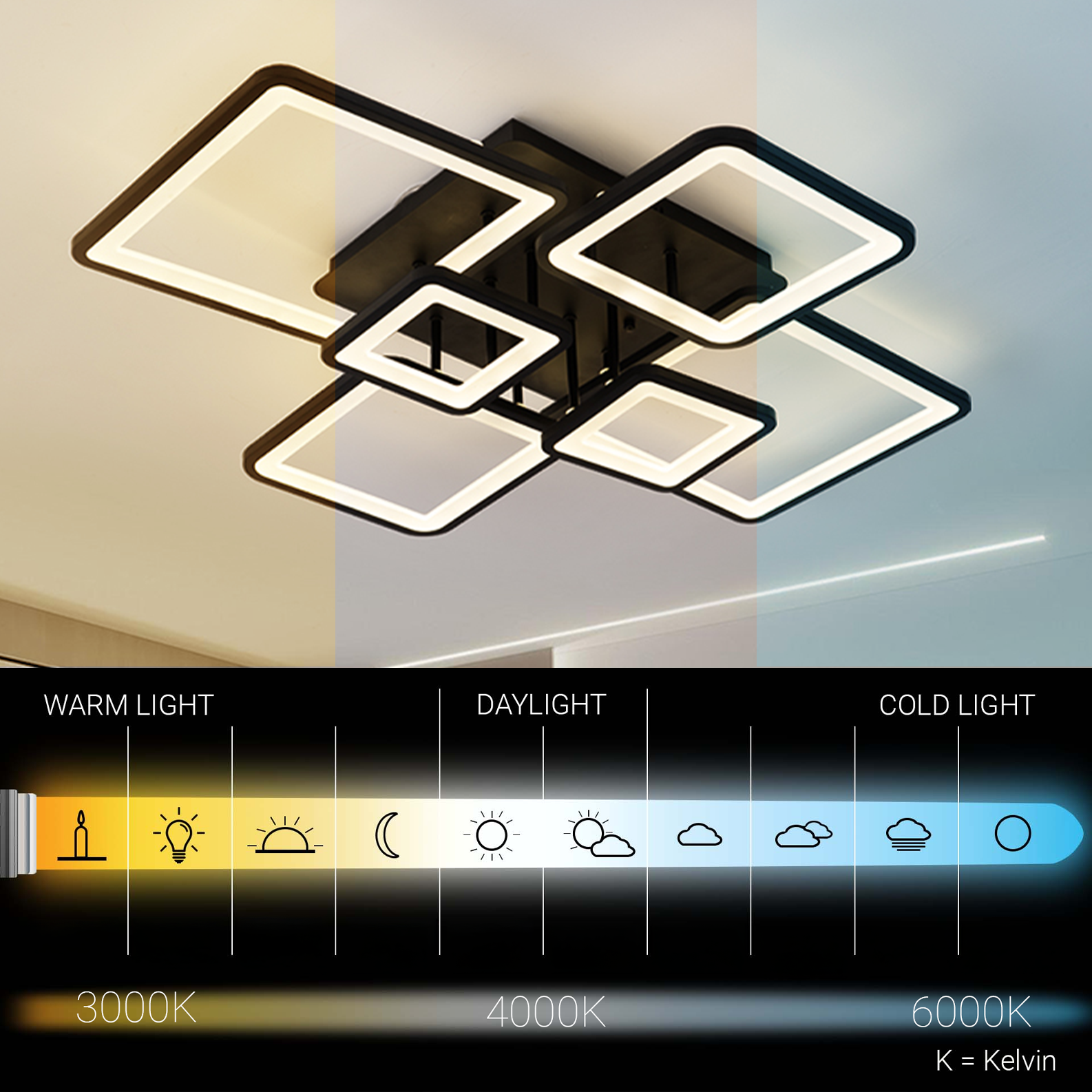 Lustra LED cu telecomanda ELLA 120W, 6 Patrate, lumina Rece/Calda/Neutra, Dimabila, Negru, Metal si Acril Lustre LED cu Telecomanda Default Title Alessandro Design