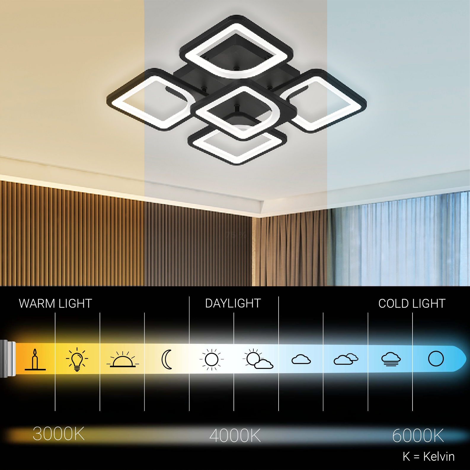 Lustra LED cu telecomanda ZOE 65W, 5 Patrate, lumina Rece/Calda/Neutra, Dimabila, Negru Lustre LED cu Telecomanda Default Title Alessandro Design