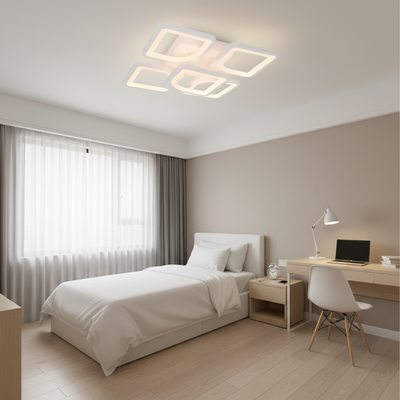 Lustra LED cu telecomanda ZOE 70W, 5 Patrate, lumina Rece/Calda/Neutra, Dimabila, Alb