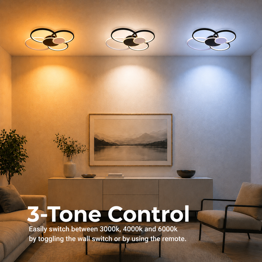 Lustra LED cu Telecomanda, KILLIAN, 74W, 6 Cercuri, Lumina Rece/Calda/Neutra 3000K/4000K/6000K, Dimabila, Negru si Alb, Metal si Acril
