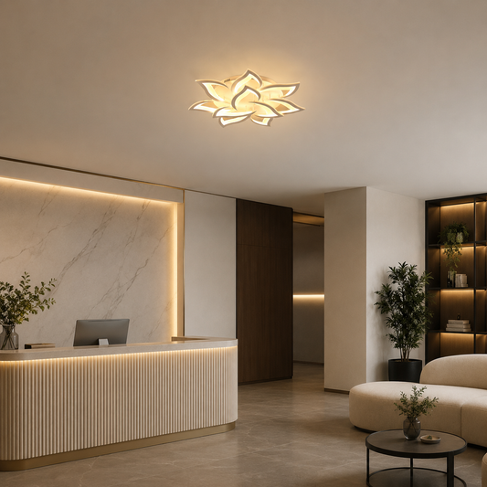 Lustra LED cu telecomanda LOTUS 91W, 9 Petale, lumina Rece/Calda/Neutra, Dimabila, Alb
