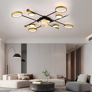 Lustra LED cu telecomanda si cristal GUIDA 48W, 8 Elemente, lumina Rece/Calda/Neutra, Dimabila, Negru Auriu
