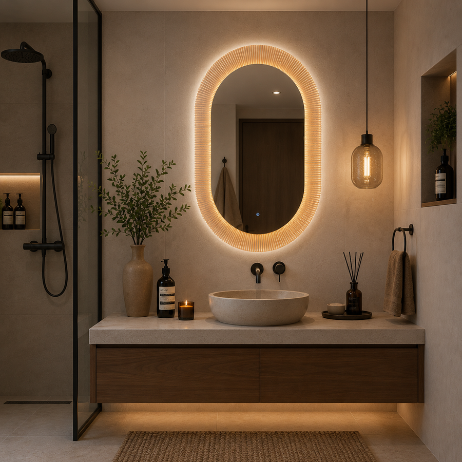 Oglinda LED FISHMAN Ovală, 55x110cm, Ramă din acrilic cu efect irizat, Senzor, Lumina 3000K, 4000K, 6000K, Sistem Dezaburire, Acrilic, Functii Ceas si Temperatura