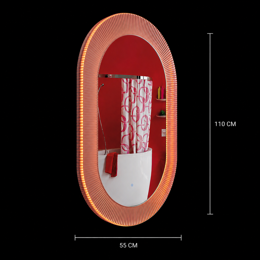 Oglinda LED FISHMAN Ovală, 55x110cm, Ramă din acrilic cu efect irizat, Senzor, Lumina 3000K, 4000K, 6000K, Sistem Dezaburire, Acrilic, Functii Ceas si Temperatura