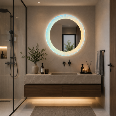 Oglinda LED FISHMAN Rotunda, 70cm, Ramă din acrilic cu efect irizat, Senzor, Lumina 3000K, 4000K, 6000K, Sistem Dezaburire, Acrilic, Functii Ceas si Temperatura