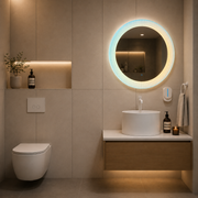 Oglinda LED FISHMAN Rotunda, 70cm, Ramă din acrilic cu efect irizat, Senzor, Lumina 3000K, 4000K, 6000K, Sistem Dezaburire, Acrilic, Functii Ceas si Temperatura