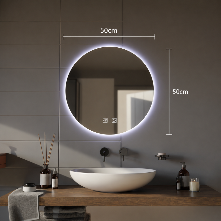Oglinda LED Rotunda, 12W, 50cm, Isolda,Touch, Sistem Dezaburire, Lumina Rece 6000k