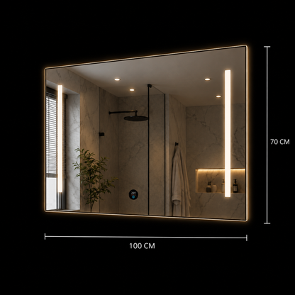 Oglinda LED SLUPSK, 100x70cm, Gri, Comutator rotativ inteligent cu afișaj RGB, CCT reglabil 3000K–6000K, Metal, Functii Ceas