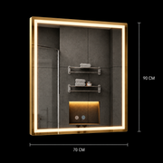 Oglinda LED WAMOSK, 90x70cm, Auriu, Senzor, Lumina 3000K, 4000K, 6000K, Sistem Dezaburire, Metal, Functii Ceas si Temperatura