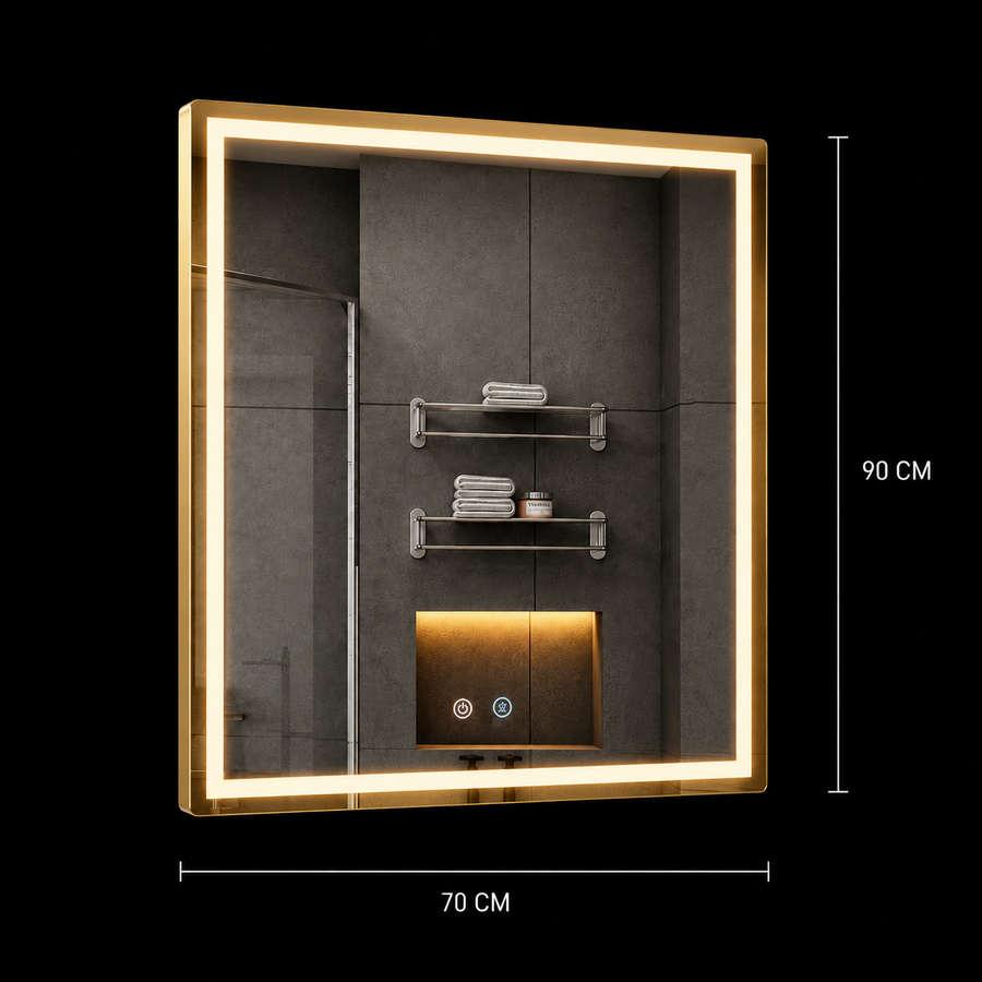 Oglinda LED WAMOSK, 90x70cm, Auriu, Senzor, Lumina 3000K, 4000K, 6000K, Sistem Dezaburire, Metal, Functii Ceas si Temperatura