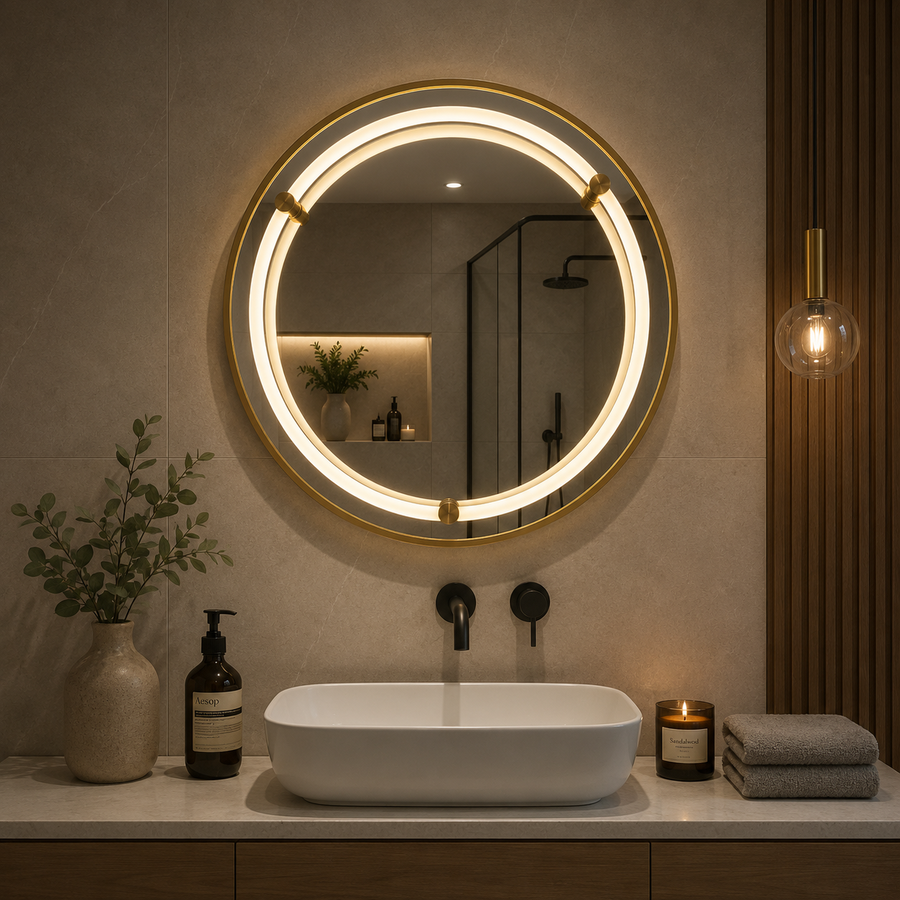 Oglinda LED WARSA Rotunda, 60cm, Auriu Lucios, Senzor, Lumina 4000K, Sistem Dezaburire, Metal, Functii Ceas si Temperatura