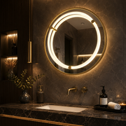 Oglinda LED WARSA Rotunda, 60cm, Auriu Lucios, Senzor, Lumina 4000K, Sistem Dezaburire, Metal, Functii Ceas si Temperatura