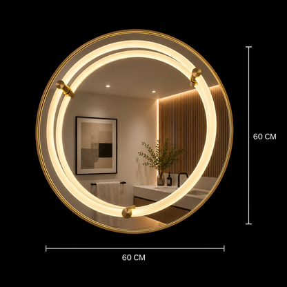 Oglinda LED WARSA Rotunda, 60cm, Auriu Lucios, Senzor, Lumina 4000K, Sistem Dezaburire, Metal, Functii Ceas si Temperatura