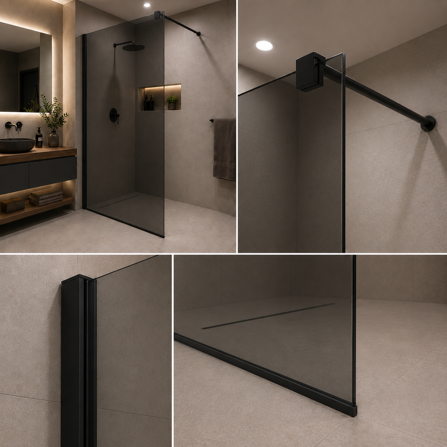 Paravan duș Walk-In 70x195cm, Sticlă Gri securizată 8 mm, Profil metalic rezistent, Negru