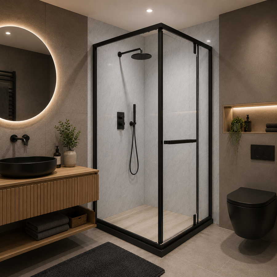 Paravan duș Walk-In 90x90x195 cm, sticlă securizată 7.6 mm, satin, profil metalic rezistent, Negru