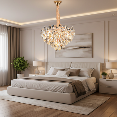 Candelabru Cristal, Eleganza 7xE14, Diametru 40cm, Auriu Lucios, Inaltime Reglabila, Metal si Cristal