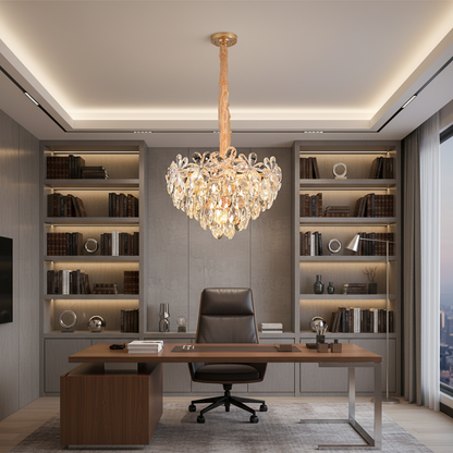 Candelabru Cristal, Eleganza 7xE14, Diametru 40cm, Auriu Lucios, Inaltime Reglabila, Metal si Cristal