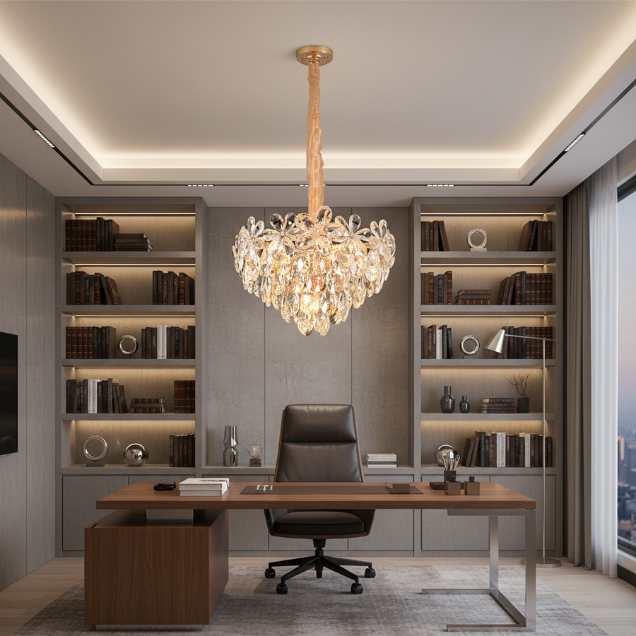 Candelabru Cristal, Eleganza 7xE14, Diametru 40cm, Auriu Lucios, Inaltime Reglabila, Metal si Cristal