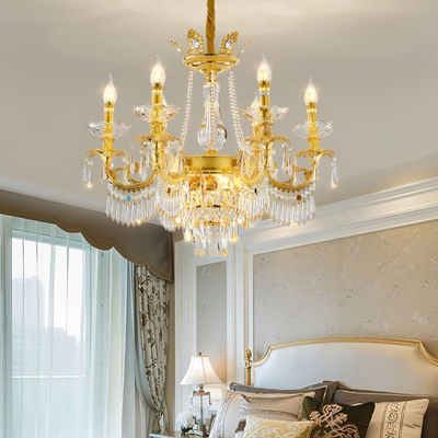 Candelabru Cristal 11xE14, D80cm, Auriu Lucios, Inaltime Reglabila, Metal si Cristal