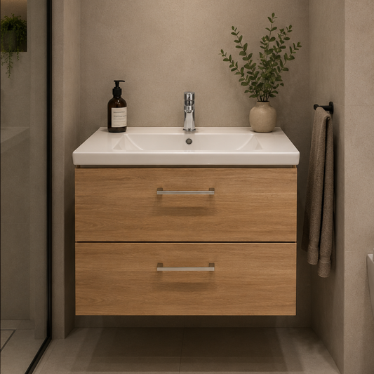 Set Mobilier CELO pentru Baie, Dulap Lavoar, 2 Sertare, Alb si Maro
