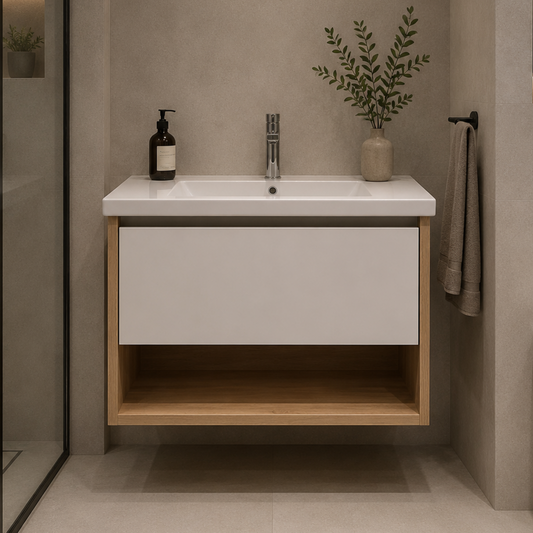 Set Mobilier VALO pentru Baie, Dulap Lavoar, 1 Sertar, Alb si Maro