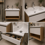 Set Mobilier VALO pentru Baie, Dulap Lavoar, 1 Sertar, Alb si Maro