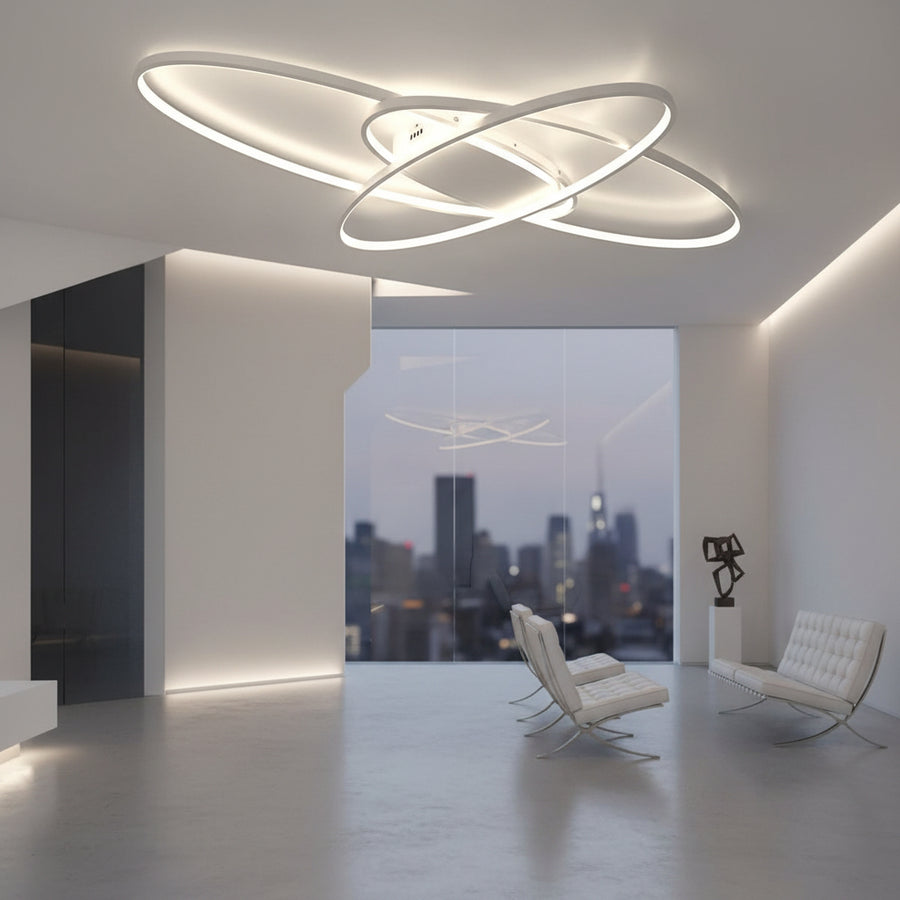 Lustra LED cu telecomanda COSMEE 84W, 3 Petale, Lumina Rece/Calda/Neutra, Dimabila, Alb, Metal si Acril