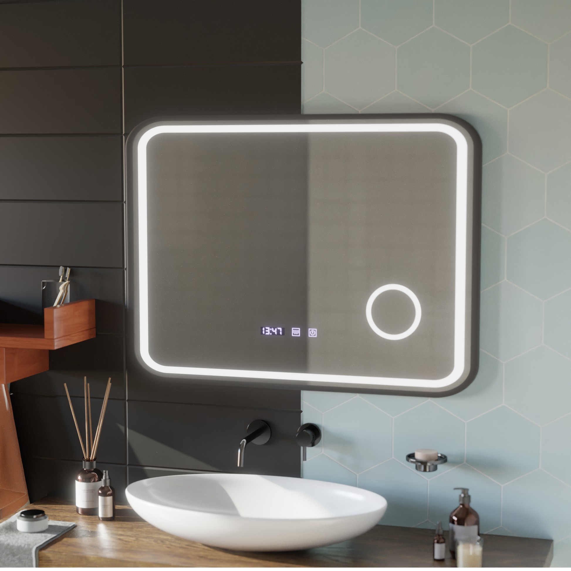 Oglinda LED Touch Bernd Sistem Dezaburire, Ceas si Temperatura 80x60 cm Rama Negru Brushed Lupa Cosmetica Oglinzi Korman S Default Title Alessandro Design