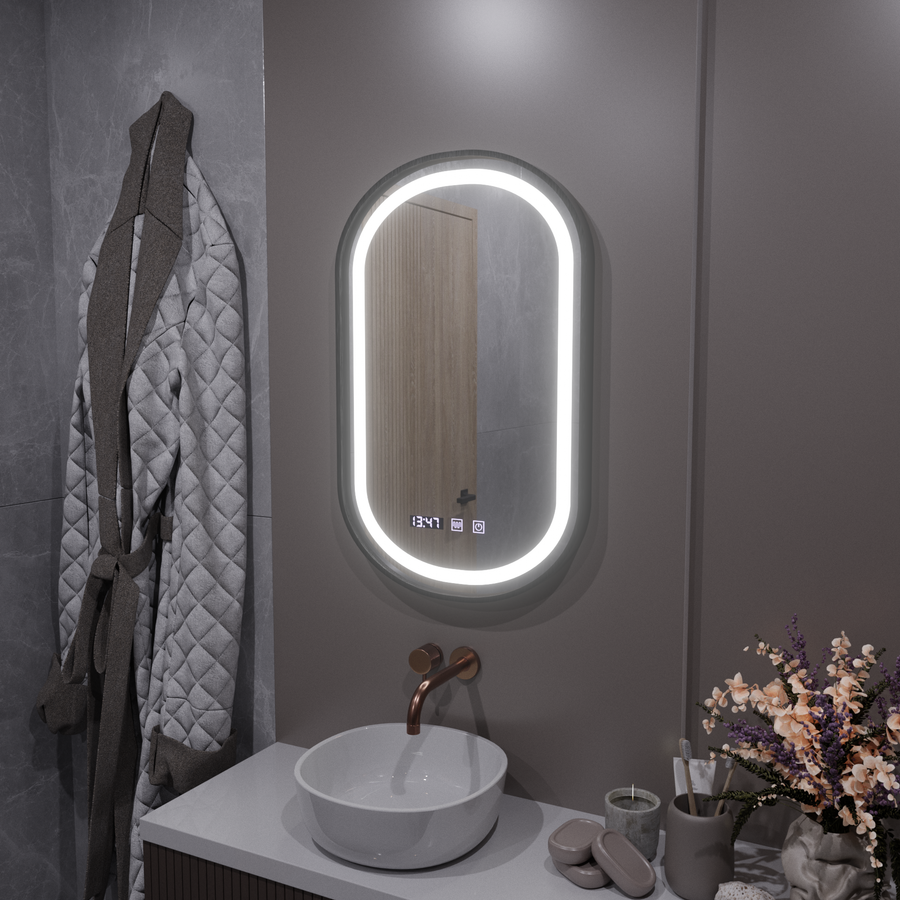 Oglinda LED Touch Helmut Sistem Dezaburire, Ceas si Temperatura 50x80 cm Rama Negru Brushed Marcello Funghi