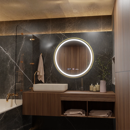 Oglinda LED Rotunda, 60cm, Celeste Royale Gold MotionGlow Marcello, Sistem Dezaburire, Ceas & Termometru, Dimabila