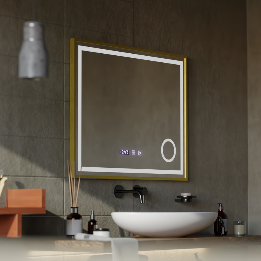 Oglinda LED Touch CLARUS Sistem Dezaburire, Ceas si Temperatura 80x60 cm Rama Auriu Brushed Lupa Cosmetica Oglinzi Korman S Default Title Alessandro Design