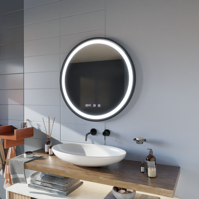 Oglinda LED Touch NOVARA Sistem Dezaburire, Ceas si Temperatura 60 cm Rama Negru Brushed